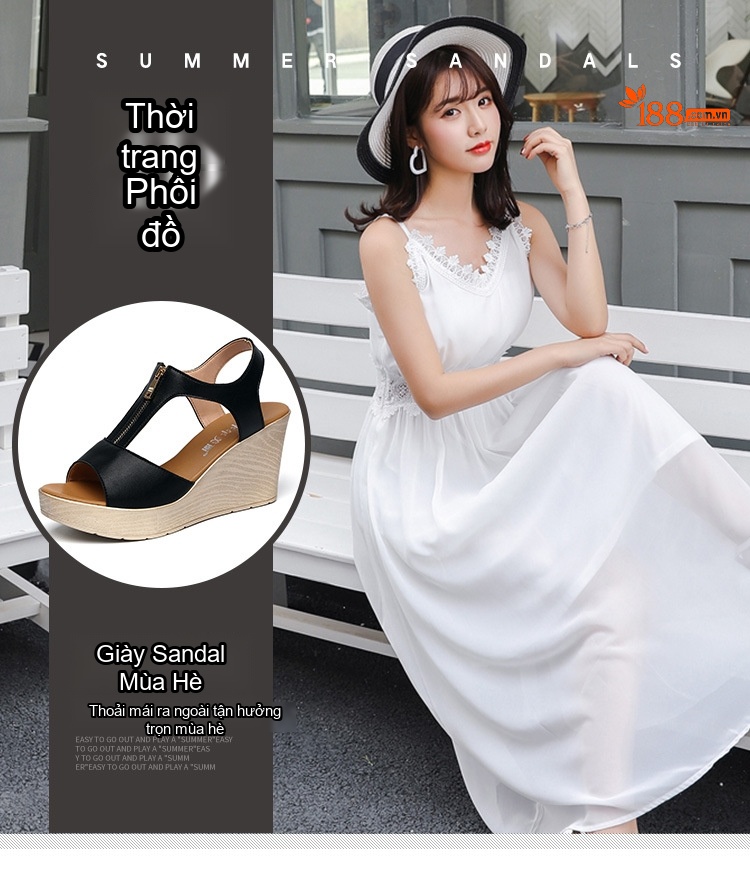 Dép Sandal Nữ Hở Ngón Đế Xuồng Quai Chữ T Khoá Kéo Đế Cao 5cm - 6cm Màu Đen, Kem chi tiết 2