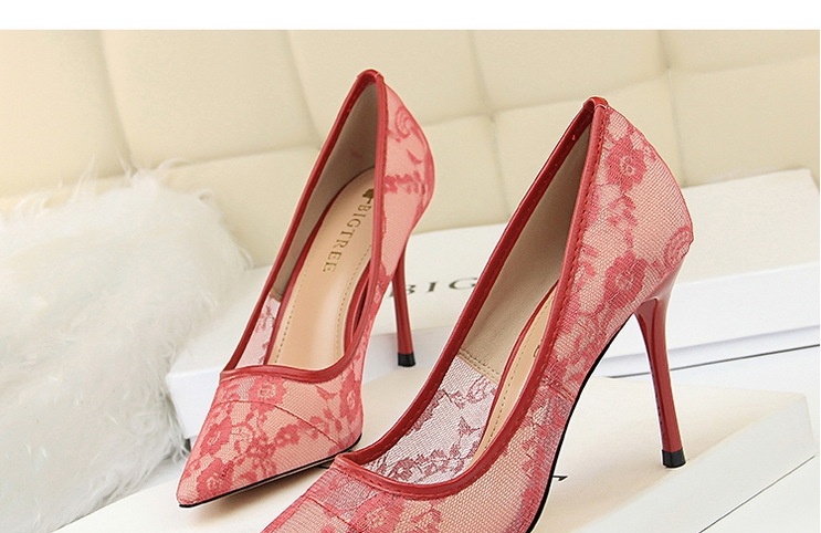 Giày Cao Gót Nữ Lưới Ren Gót Nhọn Hở Lưng Chiều Cao Đế Khoảng 8cm Màu Đen, Đỏ, Hồng, Kem... chi tiết 6