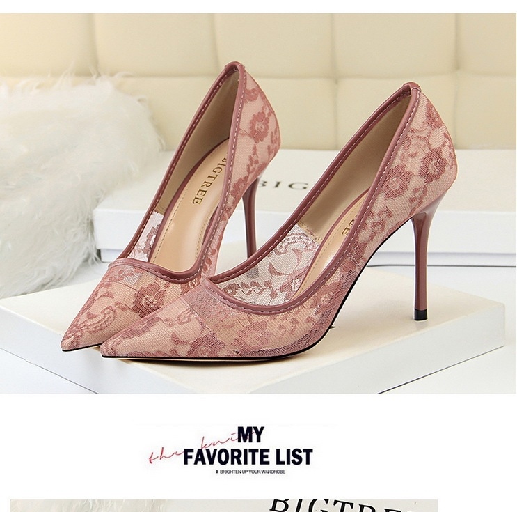 Giày Cao Gót Nữ Lưới Ren Gót Nhọn Hở Lưng Chiều Cao Đế Khoảng 8cm Màu Đen, Đỏ, Hồng, Kem... chi tiết 13