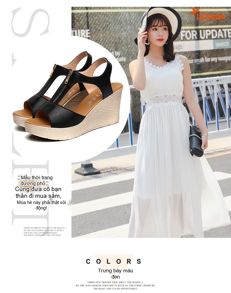 Dép Sandal Nữ Hở Ngón Đế Xuồng Quai Chữ T Khoá Kéo Đế Cao 5cm - 6cm Màu Đen, Kem chi tiết 7