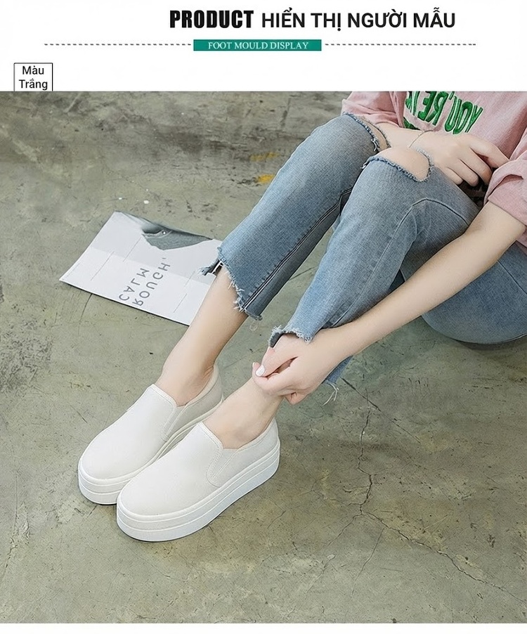 Giày Lười Nữ Vải Canvas Đế Bằng Chiều Cao Đế 6cm Màu Trắng, Đen chi tiết 4