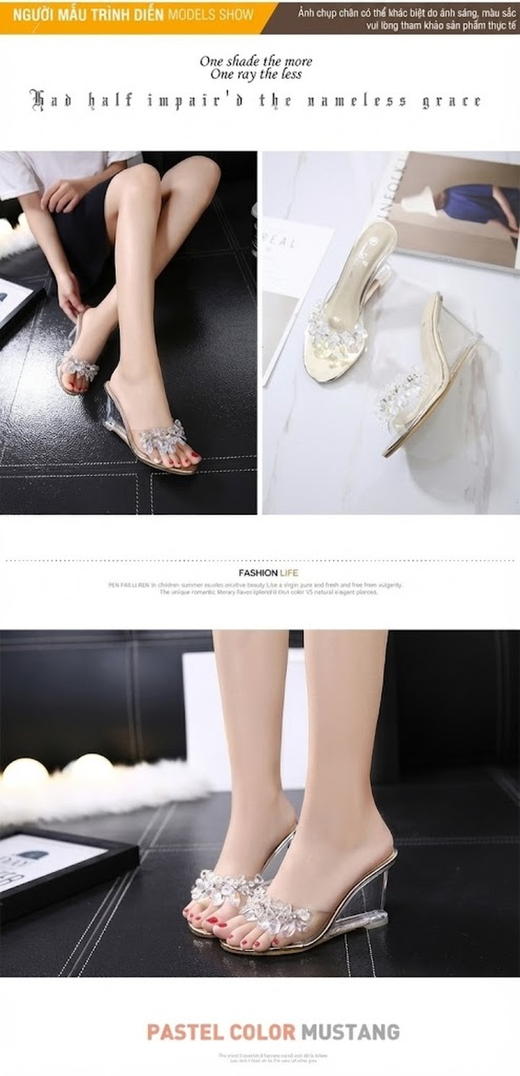 Giày Sandal Cao Gót Nữ Quai Trong Suốt Đính Đá Gót Cao 8cm Màu Bạc chi tiết 2