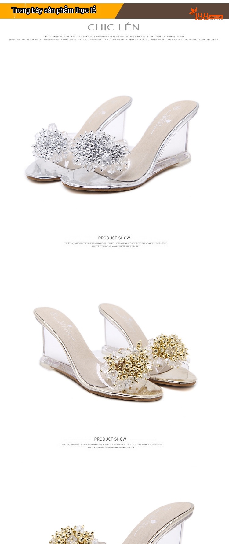 Giày Sandal Cao Gót Nữ Quai Trong Suốt Đính Đá Gót Cao 8cm Màu Vàng, Bạc, Đen chi tiết 14