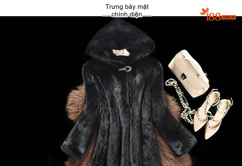 Áo Khoác Dáng Dài Nữ Lông Chồn Giả Cao Cấp Màu Đen chi tiết 3