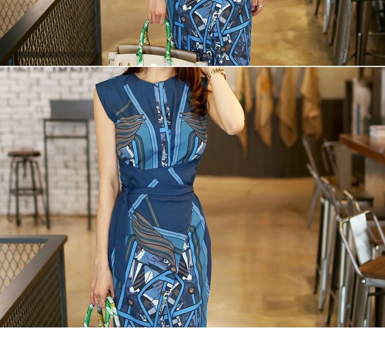 Váy Ôm Body Nữ In Họa Tiết Cổ Điển, Thắt Dây Eo Phong Cách Hàn Quốc Màu Trắng, Xanh Dương chi tiết 6