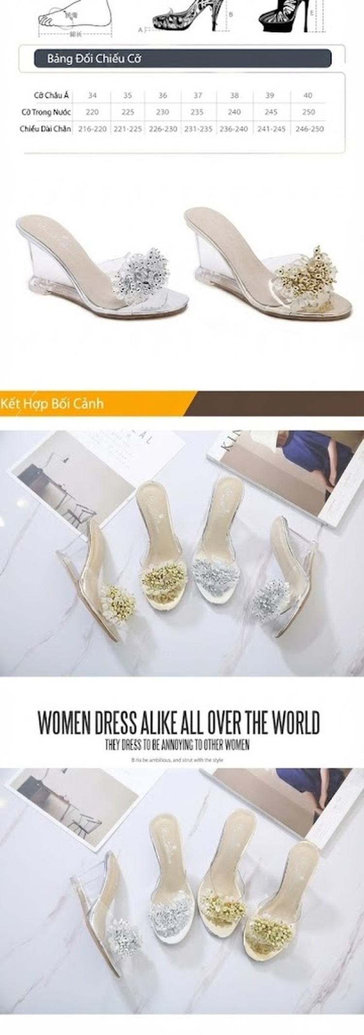 Giày Sandal Cao Gót Nữ Quai Trong Suốt Đính Đá Gót Cao 8cm Màu Vàng, Bạc, Đen chi tiết 9