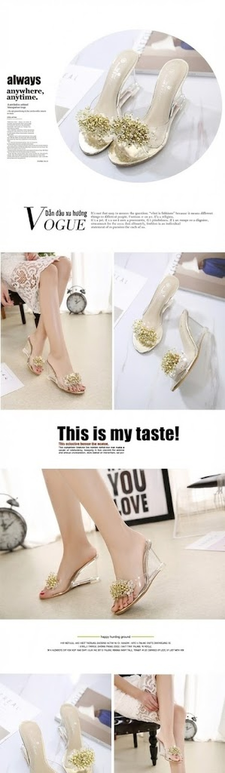 Giày Sandal Cao Gót Nữ Quai Trong Suốt Đính Đá Gót Cao 8cm Màu Vàng, Bạc, Đen chi tiết 12