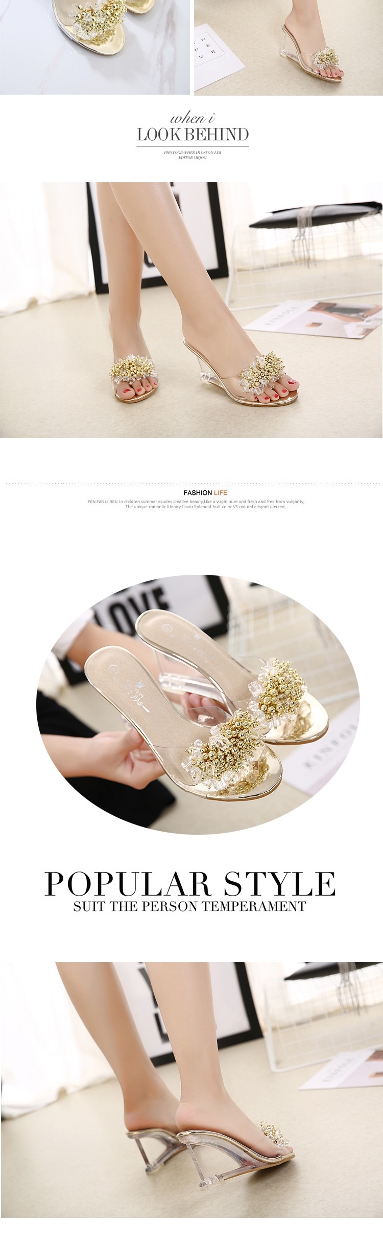Giày Sandal Cao Gót Nữ Quai Trong Suốt Đính Đá Gót Cao 8cm Màu Vàng, Bạc, Đen chi tiết 13
