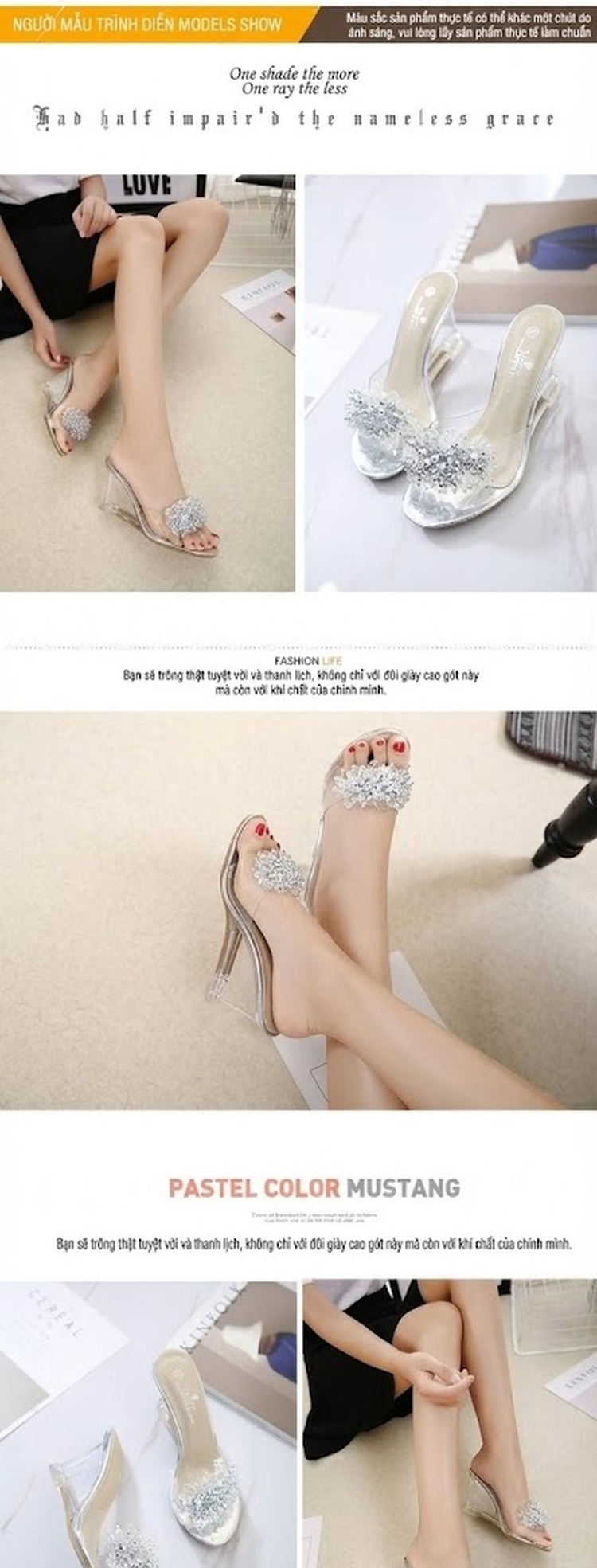 Giày Sandal Cao Gót Nữ Quai Trong Suốt Đính Đá Gót Cao 8cm Màu Vàng, Bạc, Đen chi tiết 10