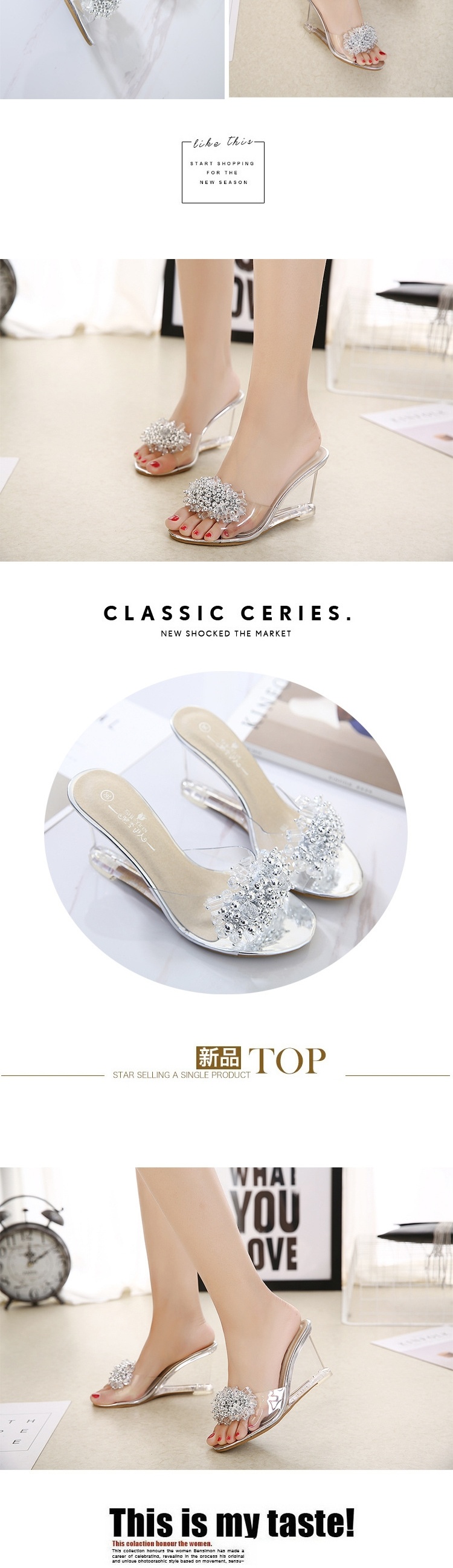 Giày Sandal Cao Gót Nữ Quai Trong Suốt Đính Đá Gót Cao 8cm Màu Vàng, Bạc, Đen chi tiết 11