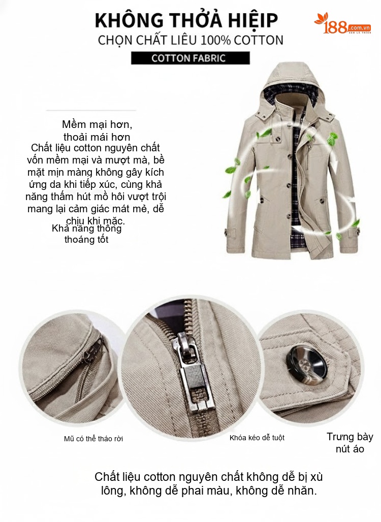 Áo Khoác Jacket Nam Có Mũ Trùm Cotton Dáng Ôm Vừa Màu Be, Nâu, Đen chi tiết 2