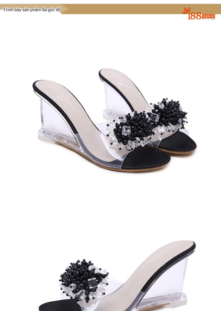 Giày Sandal Cao Gót Nữ Quai Trong Suốt Đính Đá Gót Cao 8cm Màu Vàng, Bạc, Đen chi tiết 4