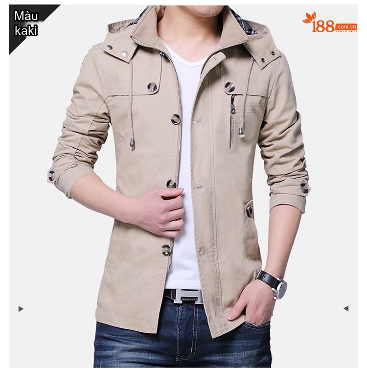Áo Khoác Jacket Nam Có Mũ Trùm Cotton Dáng Ôm Vừa Màu Be, Nâu, Đen chi tiết 8