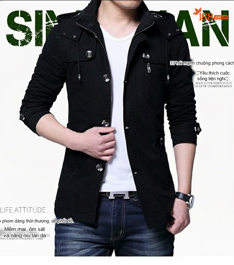 Áo Khoác Jacket Nam Có Mũ Trùm Cotton Dáng Ôm Vừa Màu Be, Nâu, Đen chi tiết 1