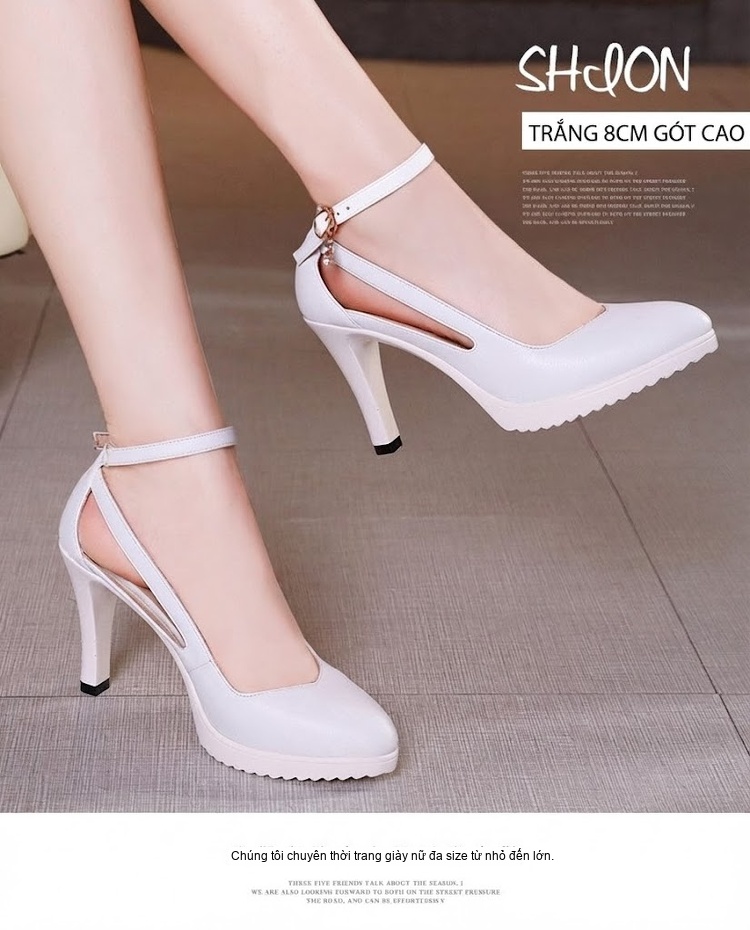 Giày Cao Gót Nữ Mũi Nhọn Quai Cài Da Bóng Chiều Cao Đế Khoảng 8cm Màu Đỏ, Đen, Trắng chi tiết 9