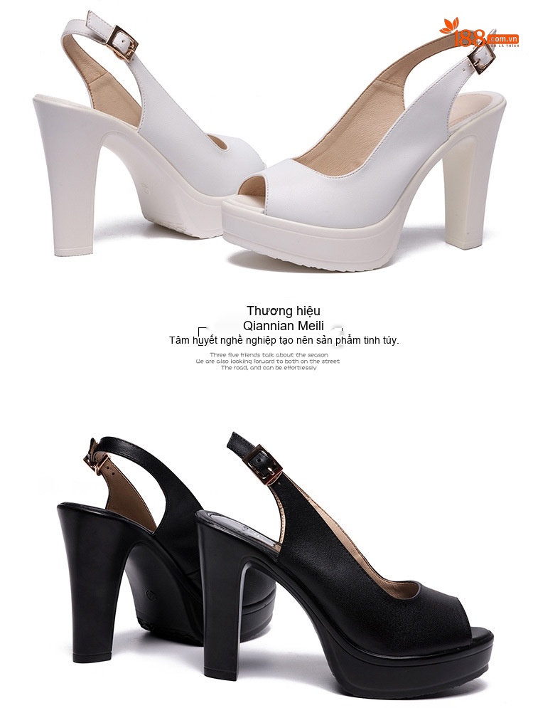 Giày Sandal Cao Gót Nữ Hở Mũi Quai Hậu Đế Xuồng Gót Cao 8cm Da Bóng Màu Trắng, Đen chi tiết 15