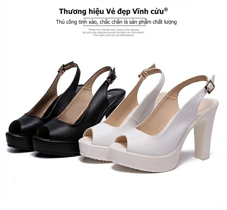 Giày Sandal Cao Gót Nữ Hở Mũi Quai Hậu Đế Xuồng Gót Cao 8cm Da Bóng Màu Trắng, Đen chi tiết 16