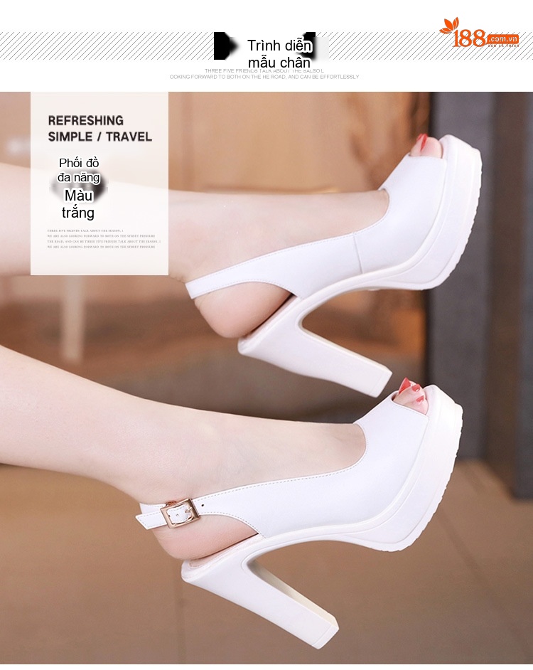 Giày Sandal Cao Gót Nữ Hở Mũi Quai Hậu Đế Xuồng Gót Cao 8cm Da Bóng Màu Trắng, Đen chi tiết 7