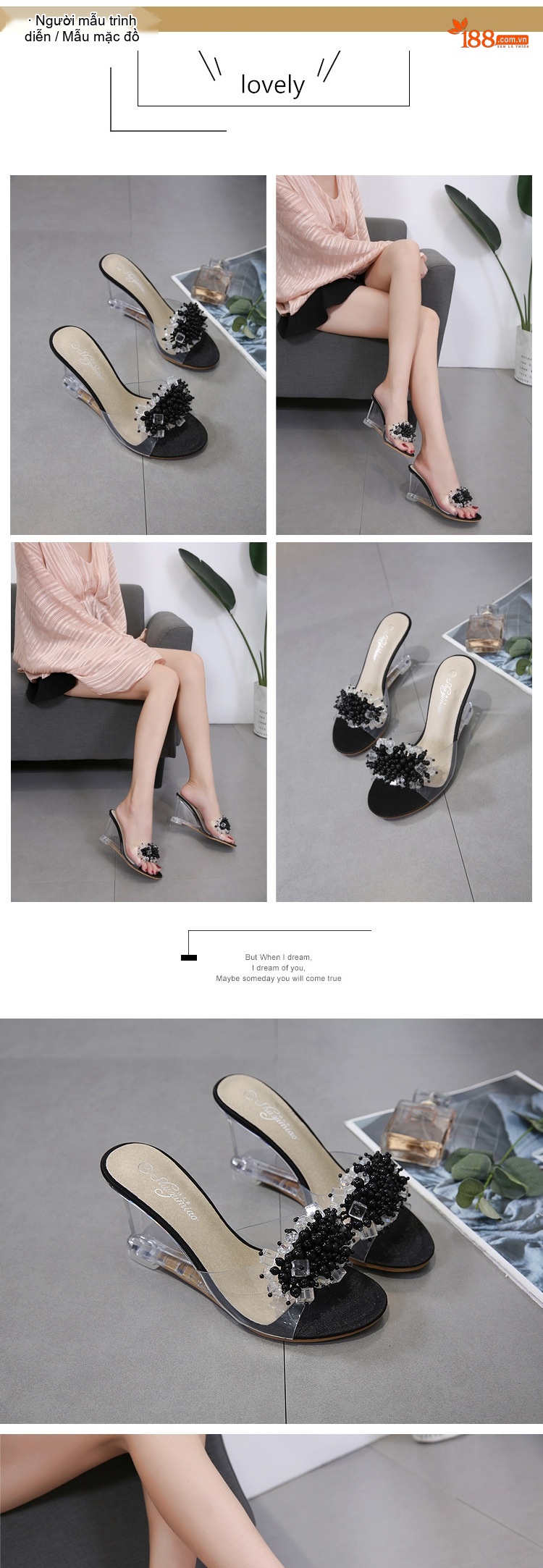 Giày Sandal Cao Gót Nữ Quai Trong Suốt Đính Đá Gót Cao 8cm Màu Vàng, Bạc, Đen chi tiết 2