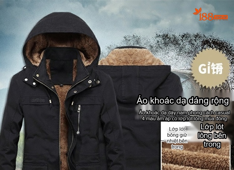 Áo Khoác Gió Nam Dáng Dài Lót Lông Có Mũ Trùm Đầu Màu Đen, Be, Xanh Rêu, Nâu chi tiết 1