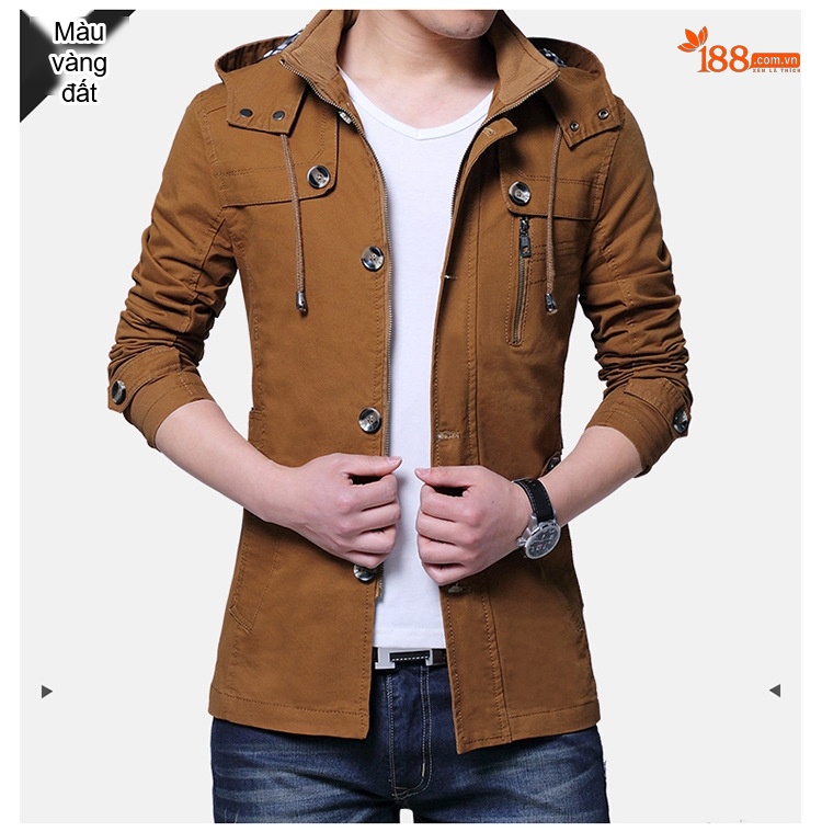 Áo Khoác Jacket Nam Có Mũ Trùm Cotton Dáng Ôm Vừa Màu Be, Nâu, Đen chi tiết 7