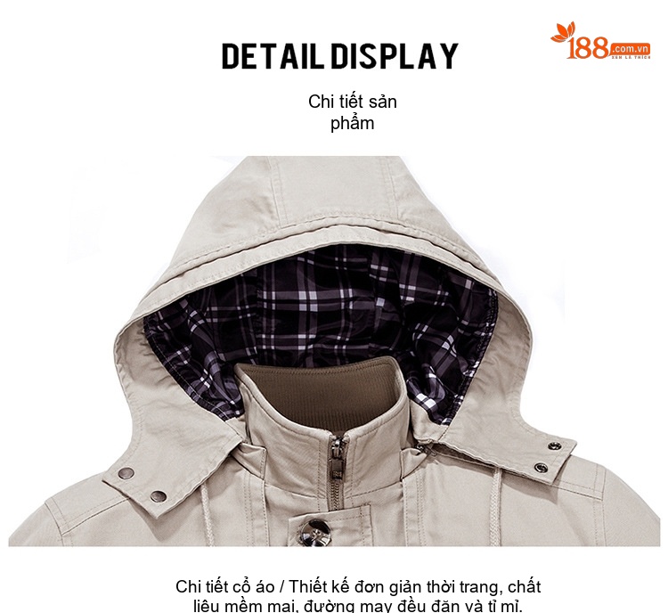 Áo Khoác Jacket Nam Có Mũ Trùm Cotton Dáng Ôm Vừa Màu Be, Nâu, Đen chi tiết 9