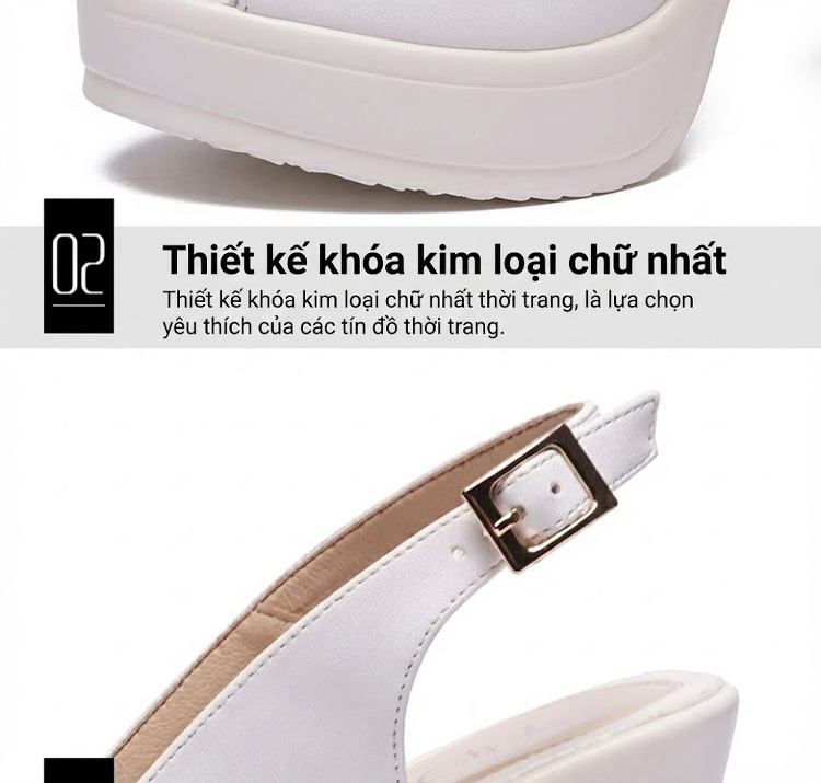 Giày Sandal Cao Gót Nữ Hở Mũi Quai Hậu Đế Xuồng Gót Cao 8cm Da Bóng Màu Trắng, Đen chi tiết 5
