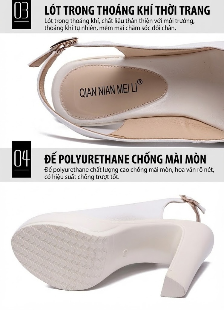 Giày Sandal Cao Gót Nữ Hở Mũi Quai Hậu Đế Xuồng Gót Cao 8cm Da Bóng Màu Trắng, Đen chi tiết 6