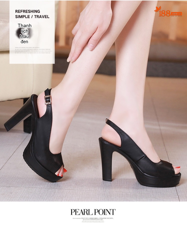 Giày Sandal Cao Gót Nữ Hở Mũi Quai Hậu Đế Xuồng Gót Cao 8cm Da Bóng Màu Trắng, Đen chi tiết 9