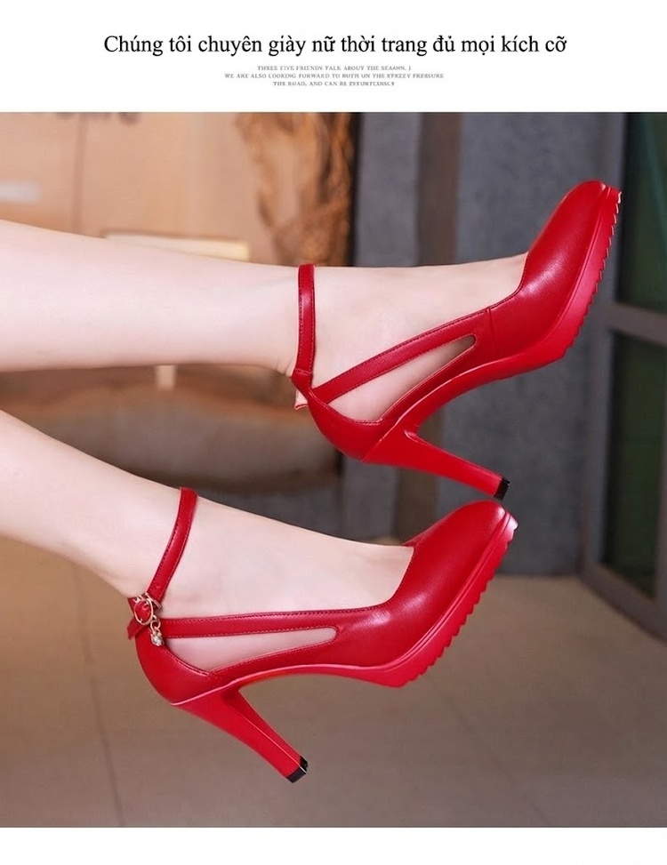 Giày Cao Gót Nữ Mũi Nhọn Quai Cài Da Bóng Chiều Cao Đế Khoảng 8cm Màu Đỏ, Đen, Trắng chi tiết 12