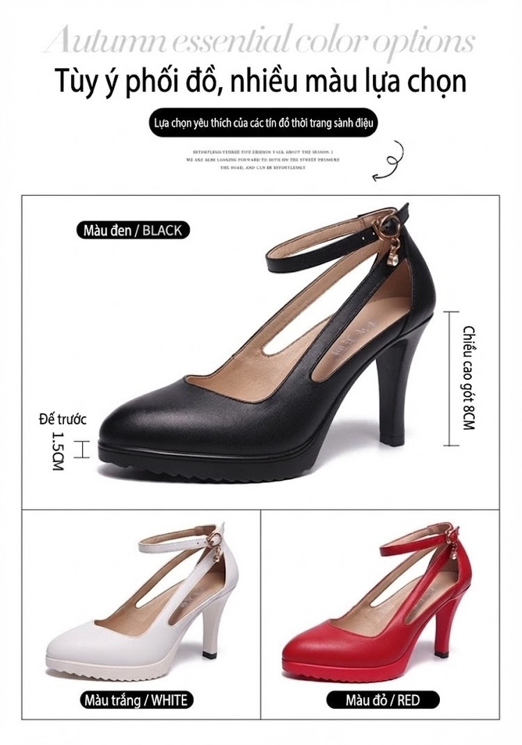 Giày Cao Gót Nữ Mũi Nhọn Quai Cài Da Bóng Chiều Cao Đế Khoảng 8cm Màu Đỏ, Đen, Trắng chi tiết 2