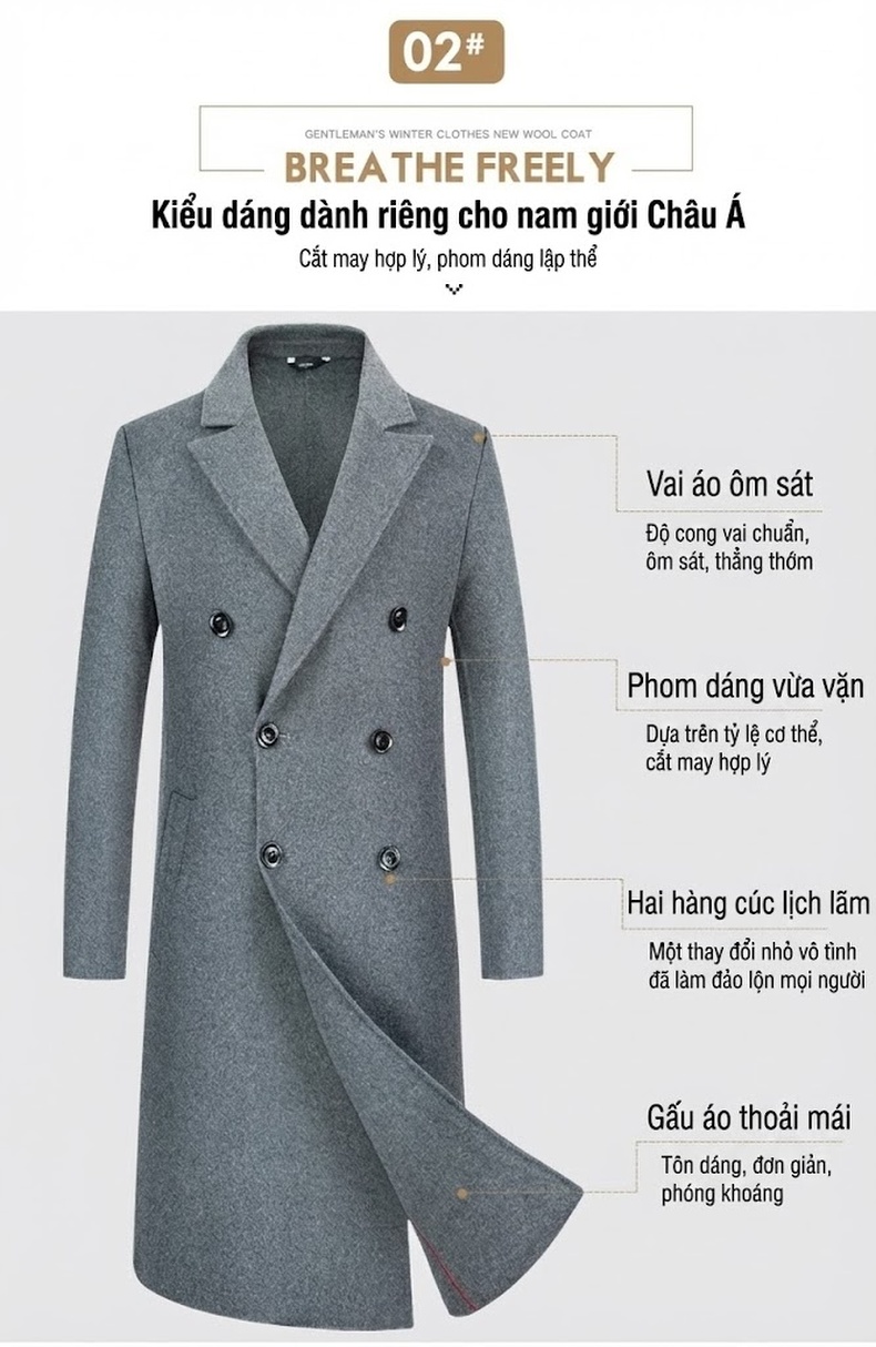 Áo Khoác Dạ Nam Dáng Dài Tay Thủ Công Màu Xám, Đen, Nâu, Xanh Navy chi tiết 8