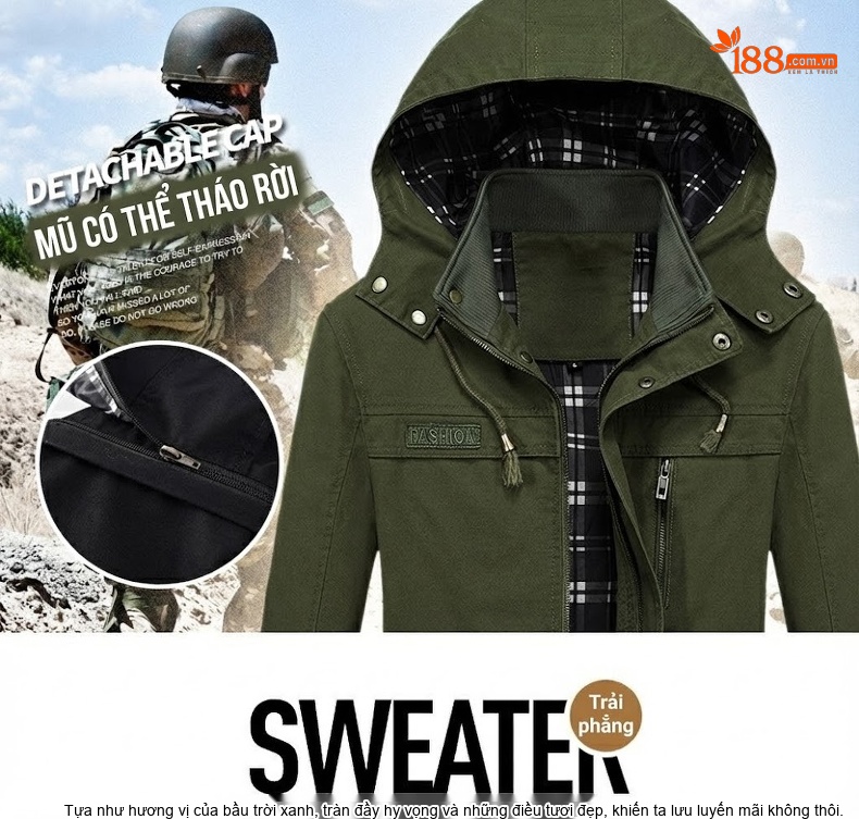 Áo Khoác Gió Nam Cotton Dáng Rộng Có Mũ Trùm Đầu Màu Đen, Xanh Rêu, Be, Nâu chi tiết 16