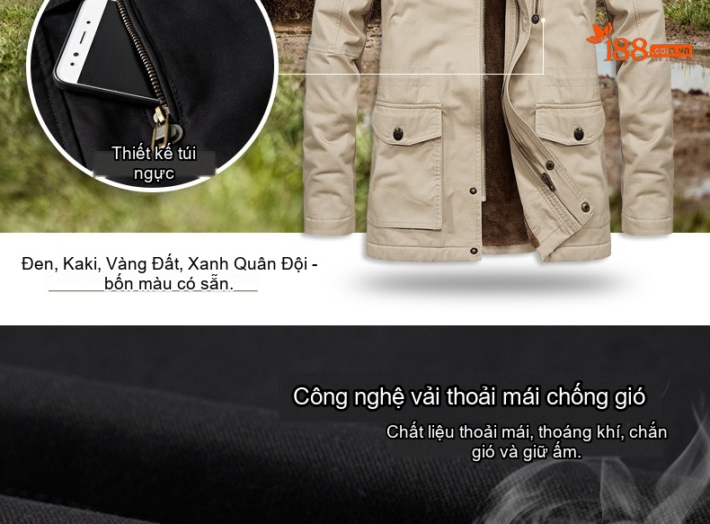 Áo Khoác Gió Nam Dáng Dài Vải Cotton Lót Lông Dày Dặn Có Mũ Trùm Đầu Màu Đen, Nâu, Xanh, Be... chi tiết 3