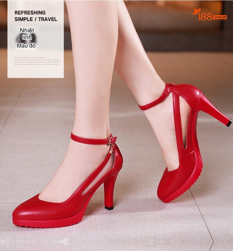 Giày Cao Gót Nữ Mũi Nhọn Quai Cài Da Bóng Chiều Cao Đế Khoảng 8cm Màu Đỏ, Đen, Trắng chi tiết 11