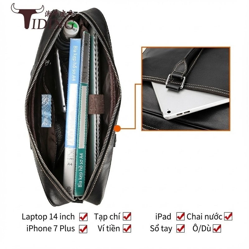 Cặp Công Sở Nam Da Bò Đeo Chéo Đựng Laptop 14 Inch Màu Đen