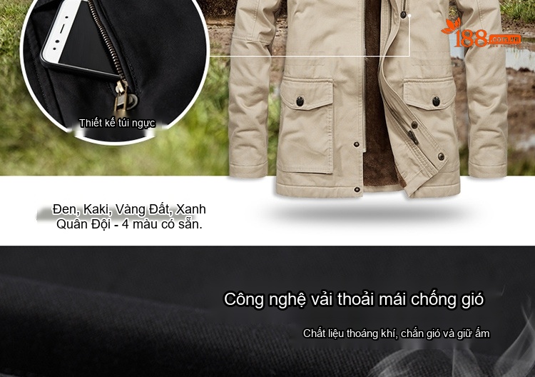 Áo Khoác Gió Nam Dáng Dài Lót Lông Có Mũ Trùm Đầu Màu Đen, Be, Xanh Rêu, Nâu chi tiết 3
