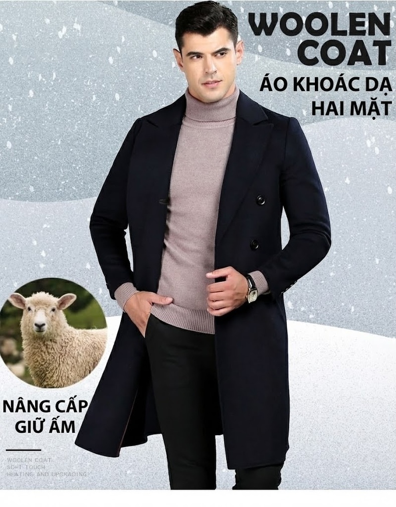 Áo Khoác Dạ Nam Dáng Dài Hai Hàng Khuy Màu Xám, Đen, Xanh Navy, Nâu chi tiết 22