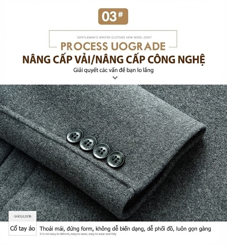 Áo Khoác Dạ Nam Dáng Dài Tay Thủ Công Màu Xám, Đen, Nâu, Xanh Navy chi tiết 10