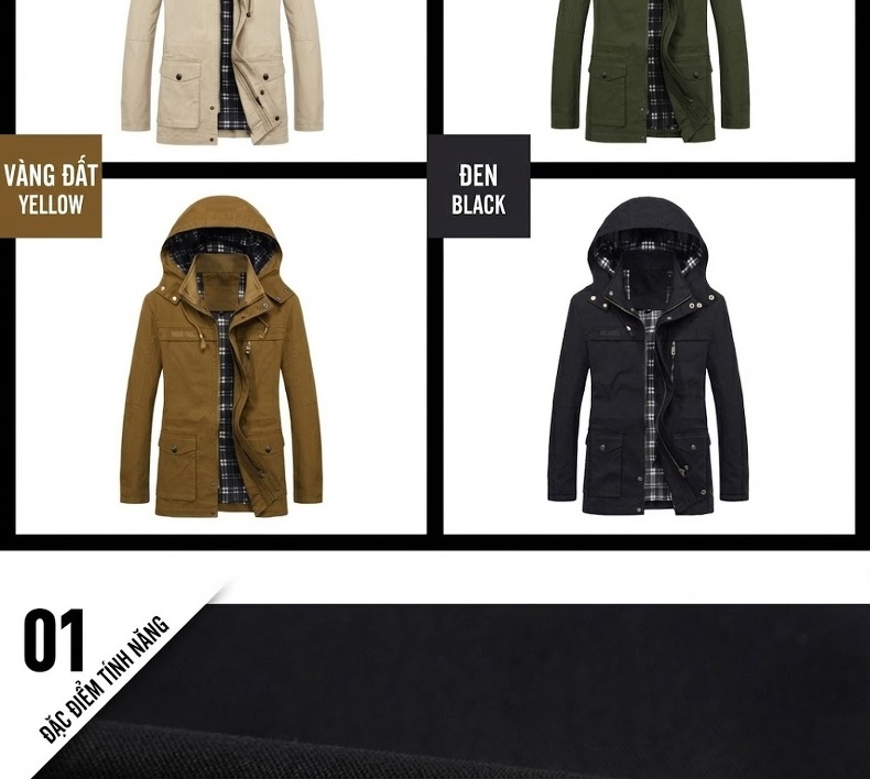 Áo Khoác Gió Nam Cotton Dáng Rộng Có Mũ Trùm Đầu Màu Đen, Xanh Rêu, Be, Nâu chi tiết 4