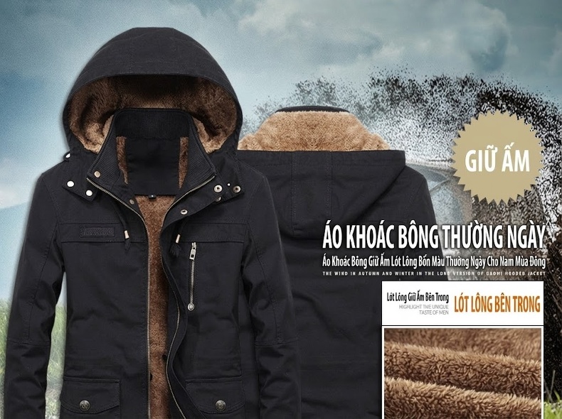 Áo Khoác Gió Nam Dáng Dài Vải Cotton Lót Lông Dày Dặn Có Mũ Trùm Đầu Màu Đen, Nâu, Xanh, Be... chi tiết 1