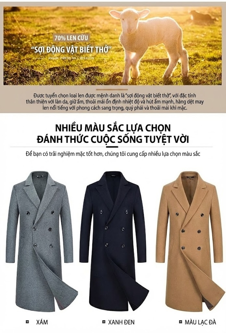 Áo Khoác Dạ Nam Dáng Dài Tay Thủ Công Màu Xám, Đen, Nâu, Xanh Navy chi tiết 9