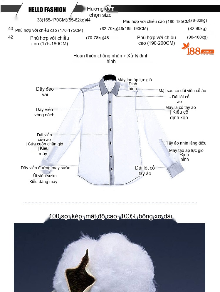Áo Sơ Mi Nam Cotton Dáng Ôm Trang Trí Đường Thêu Không Cần Ủi Màu Trắng, Đen chi tiết 2