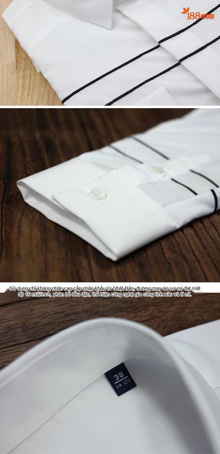 Áo Sơ Mi Nam Cotton Dáng Ôm Trang Trí Đường Thêu Không Cần Ủi Màu Trắng, Đen chi tiết 10