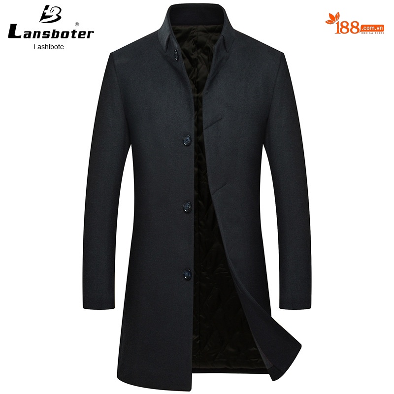 Áo Khoác Dạ Nam Trung Dài Tay Dài Cổ Trụ Dáng Ôm Màu Xanh Navy, Xám