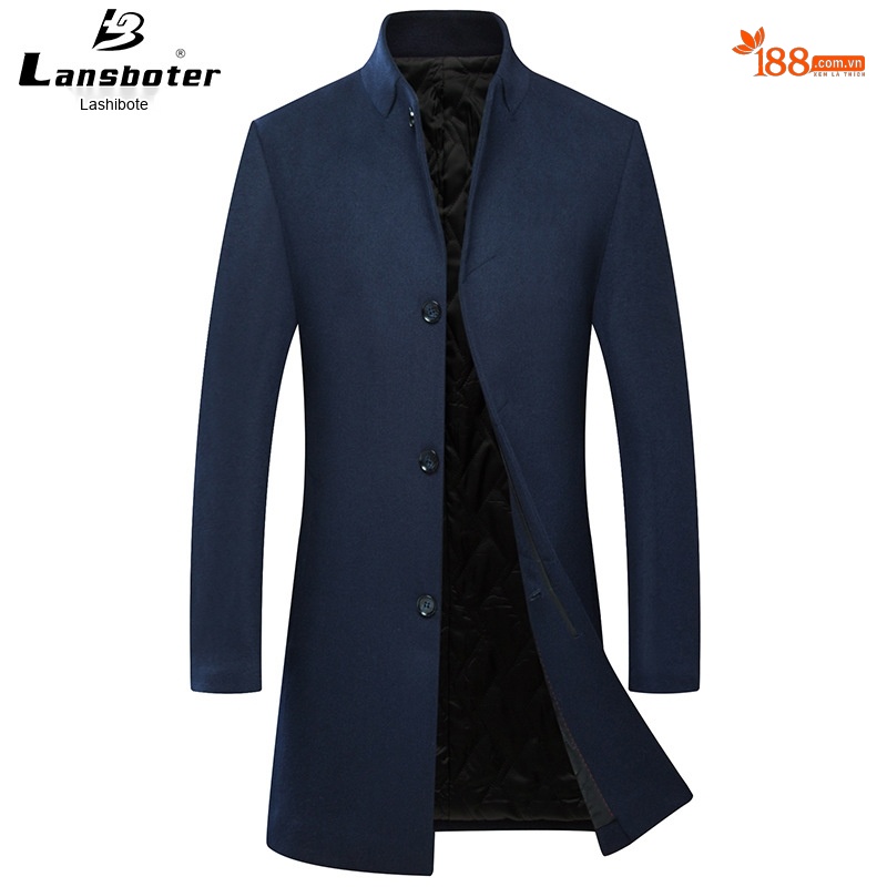 Áo Khoác Dạ Nam Trung Dài Tay Dài Cổ Trụ Dáng Ôm Màu Xanh Navy, Xám