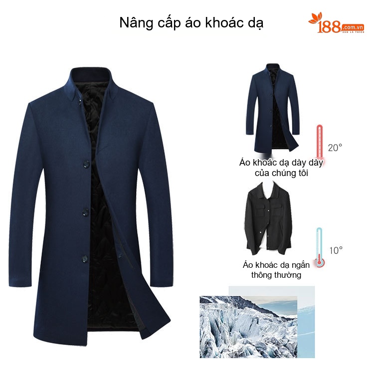 Áo Khoác Dạ Nam Trung Dài Tay Dài Cổ Trụ Dáng Ôm Màu Xanh Navy, Xám chi tiết 6