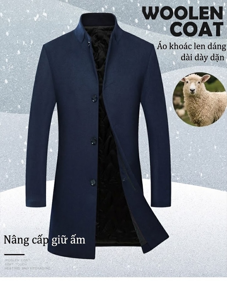 Áo Khoác Dạ Nam Trung Dài Tay Dài Cổ Trụ Dáng Ôm Màu Xanh Navy, Xám chi tiết 1