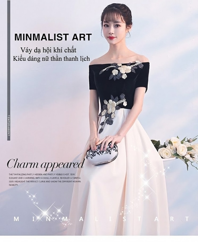 Váy Dạ Hội Nữ Hở Vai dáng chữ A Chiều Dài Vừa Phải Trang Trọng Thanh Lịch Màu Đen, Trắng chi tiết 1