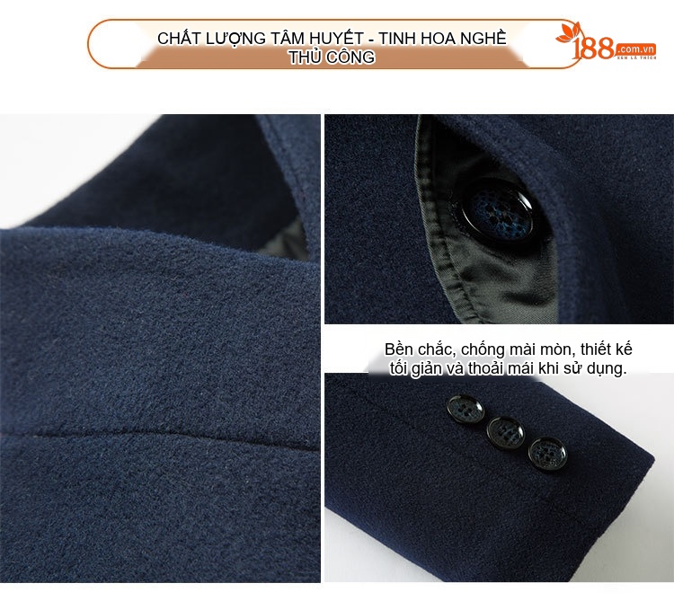 Áo Khoác Dạ Nam Trung Dài Tay Dài Cổ Trụ Dáng Ôm Màu Xanh Navy, Xám chi tiết 3